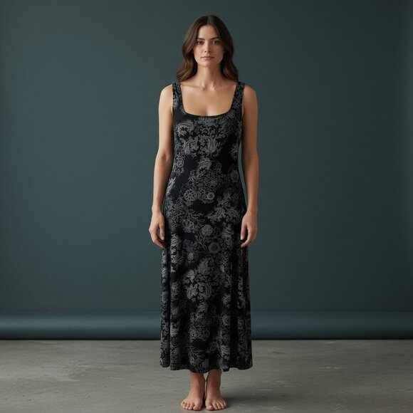 Chico's Size 2 = Large/12 Travelers Black White Paisley Floral Tank Maxi Dress - Picture 6 of 6